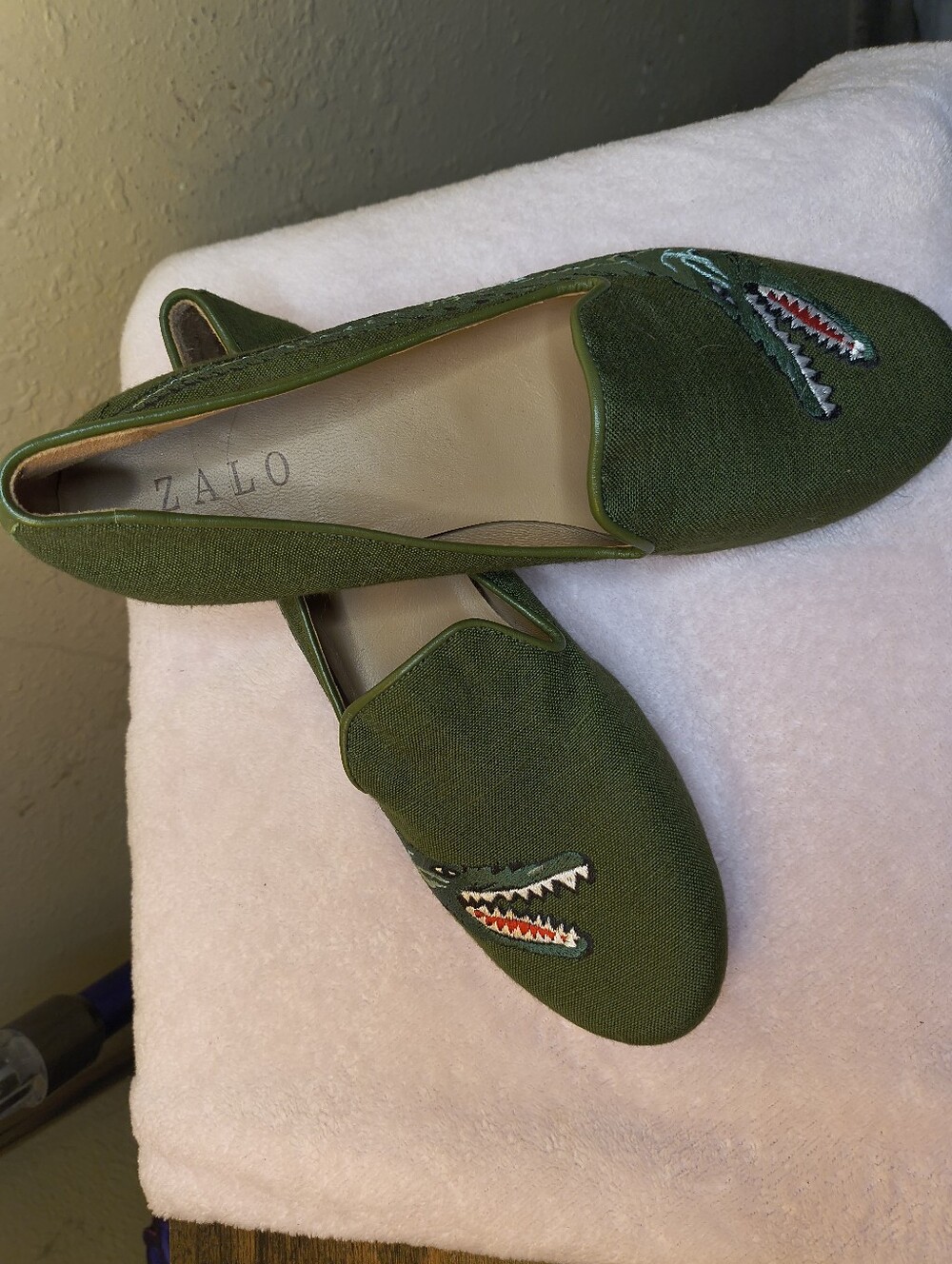 Zalo Green Canvas Dragon Embroidered Loafers - Picture 3 of 6